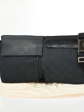 GUCCI Logo GG Pattern Mini Waist Belt Bag Canvas Leather Black SHW Italy 85KC747